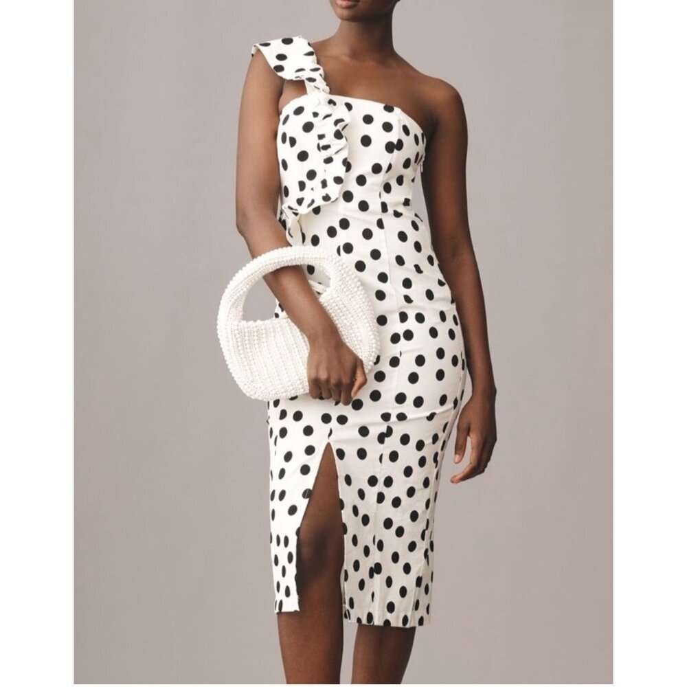 Y Anthropologie Polka Dot Black & White Ruffle One Shoulder Slit Midi Dress